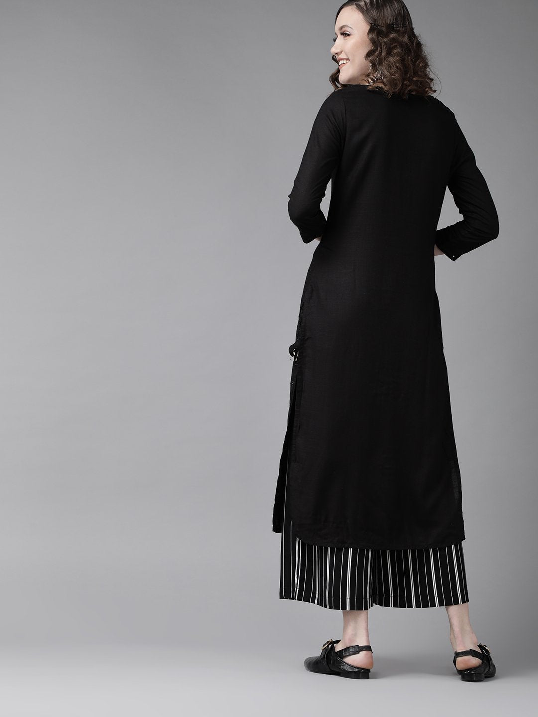 Ishin Women's Rayon Black Embellished A-Line Kurta