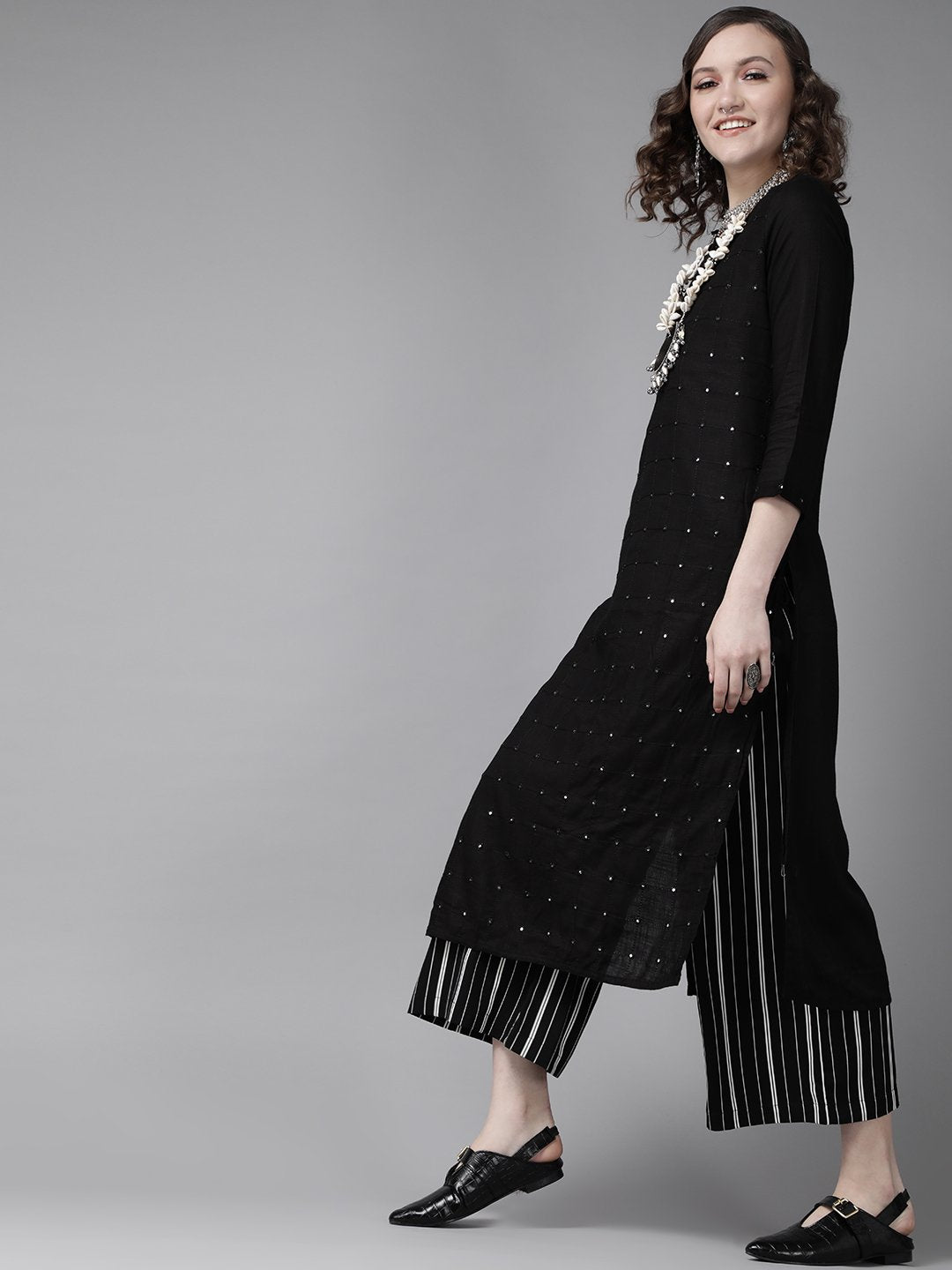 Ishin Women's Rayon Black Embellished A-Line Kurta