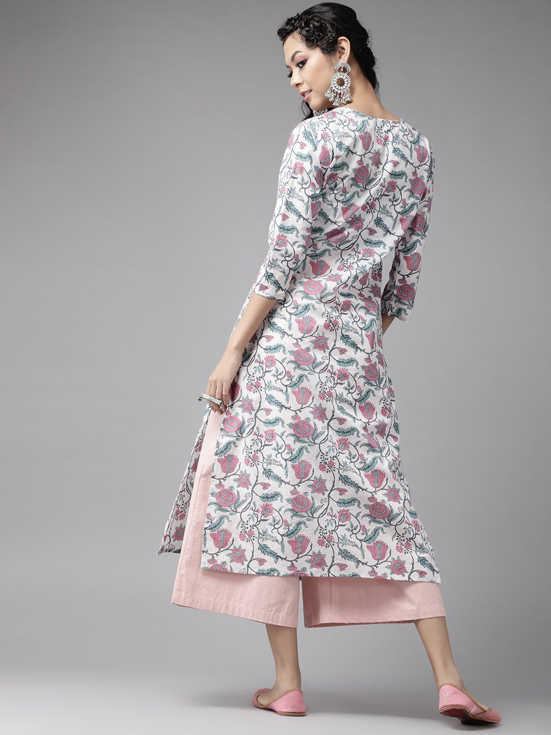 Ishin Women's Cotton White Printed A-Line Kurta