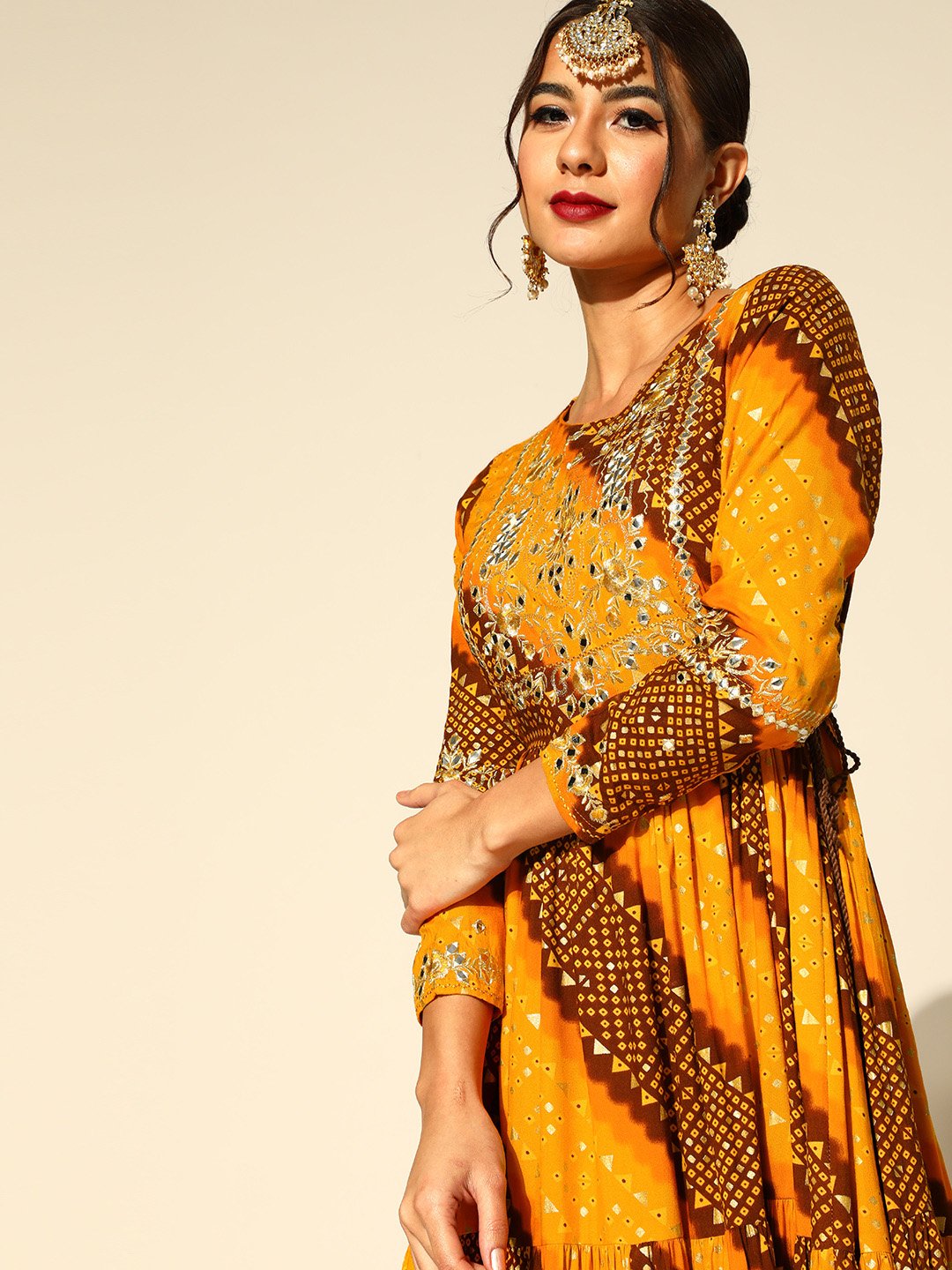 Ishin Women's Rayon Mustard & Brown Embroidered Anarkali Tie & Dye Kurta