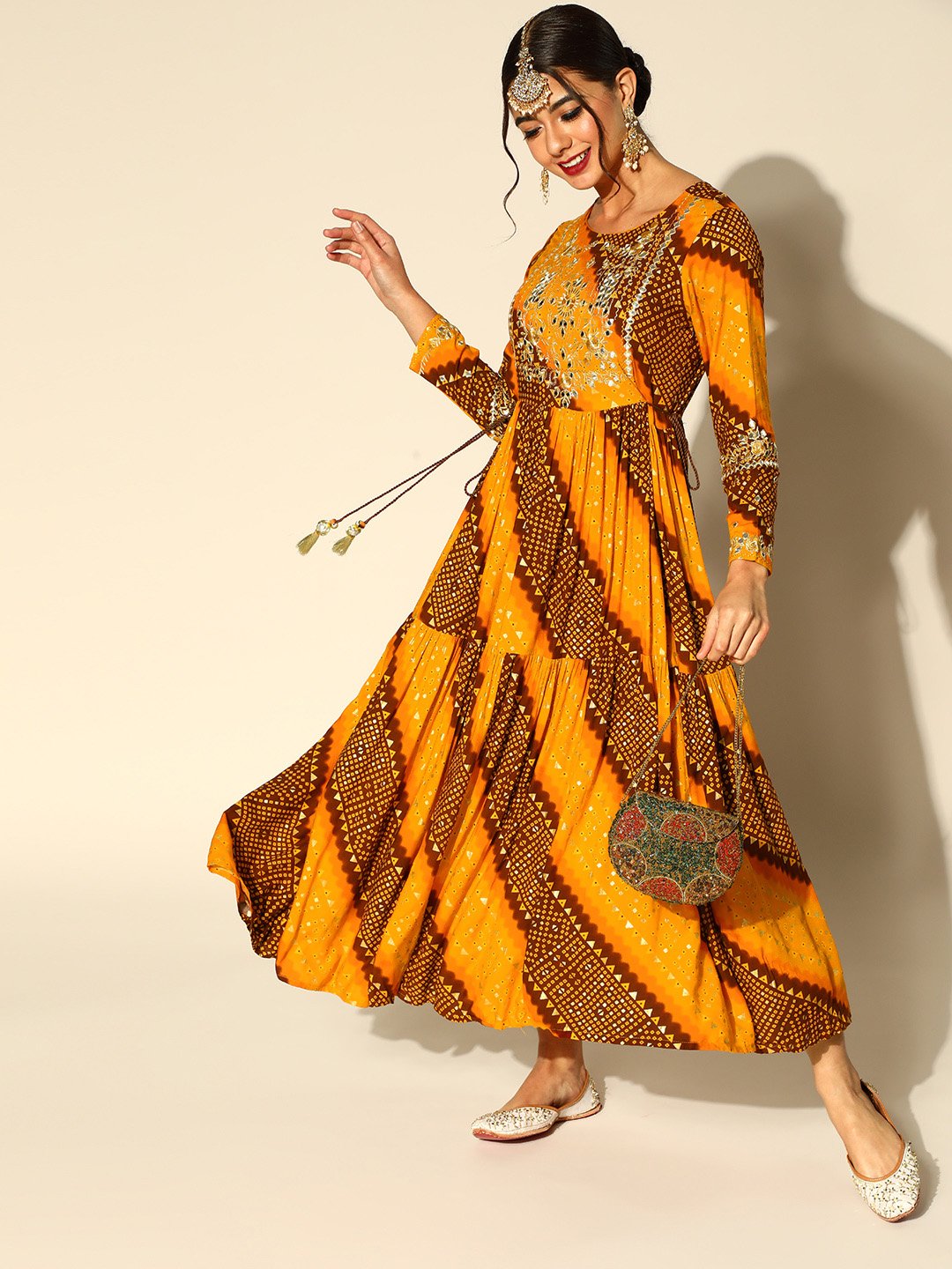 Ishin Women's Rayon Mustard & Brown Embroidered Anarkali Tie & Dye Kurta