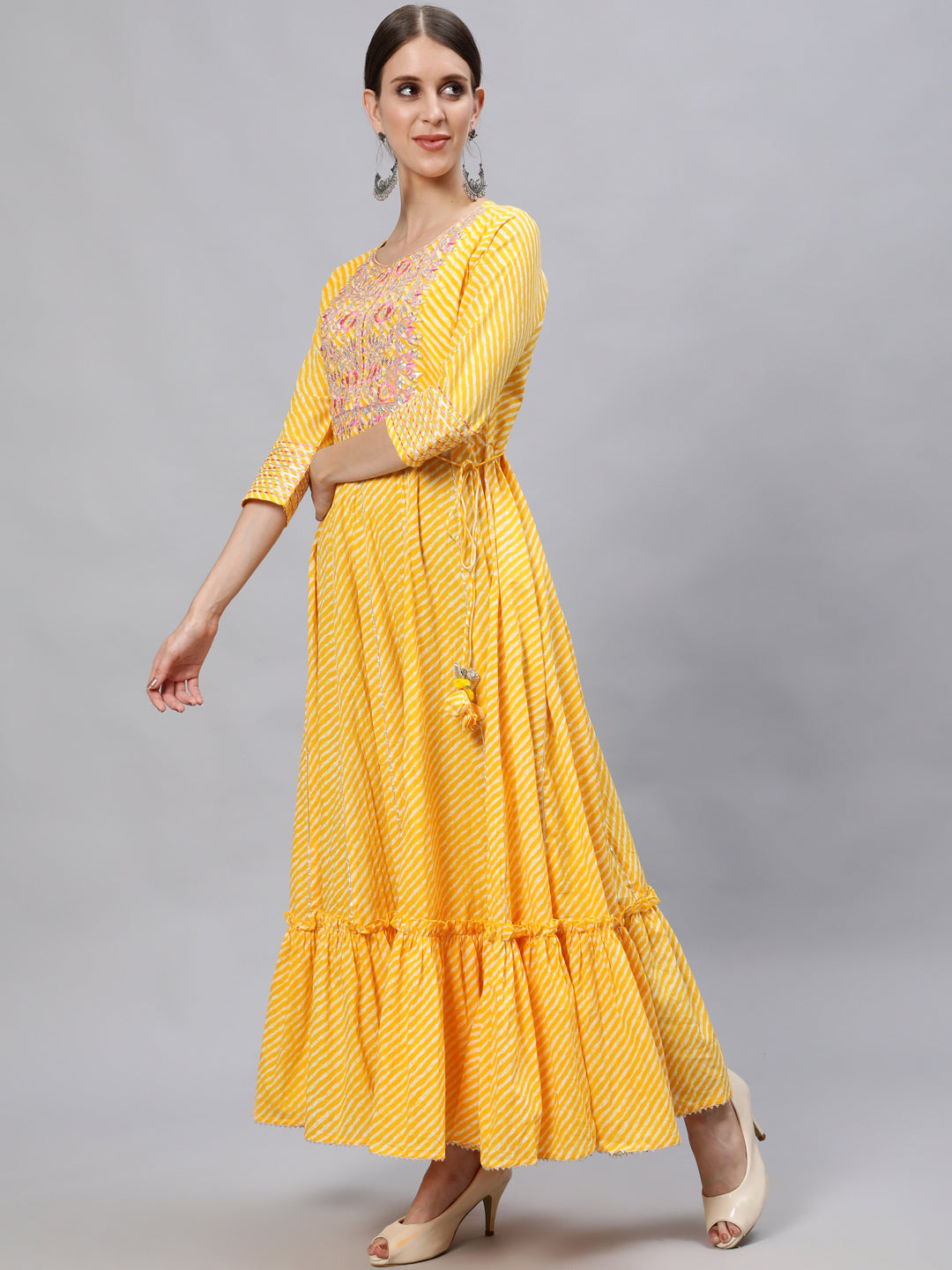Ishin Women's Cotton Yellow Embroidered Anarkali Leheriya Kurta