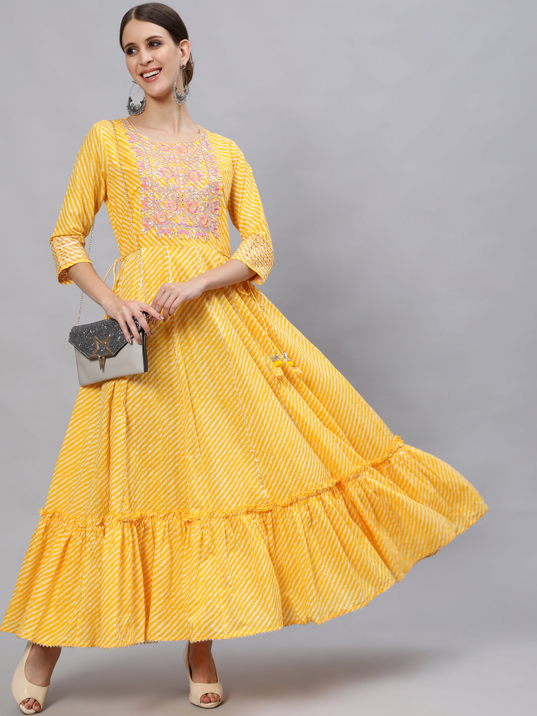 Ishin Women's Cotton Yellow Embroidered Anarkali Leheriya Kurta