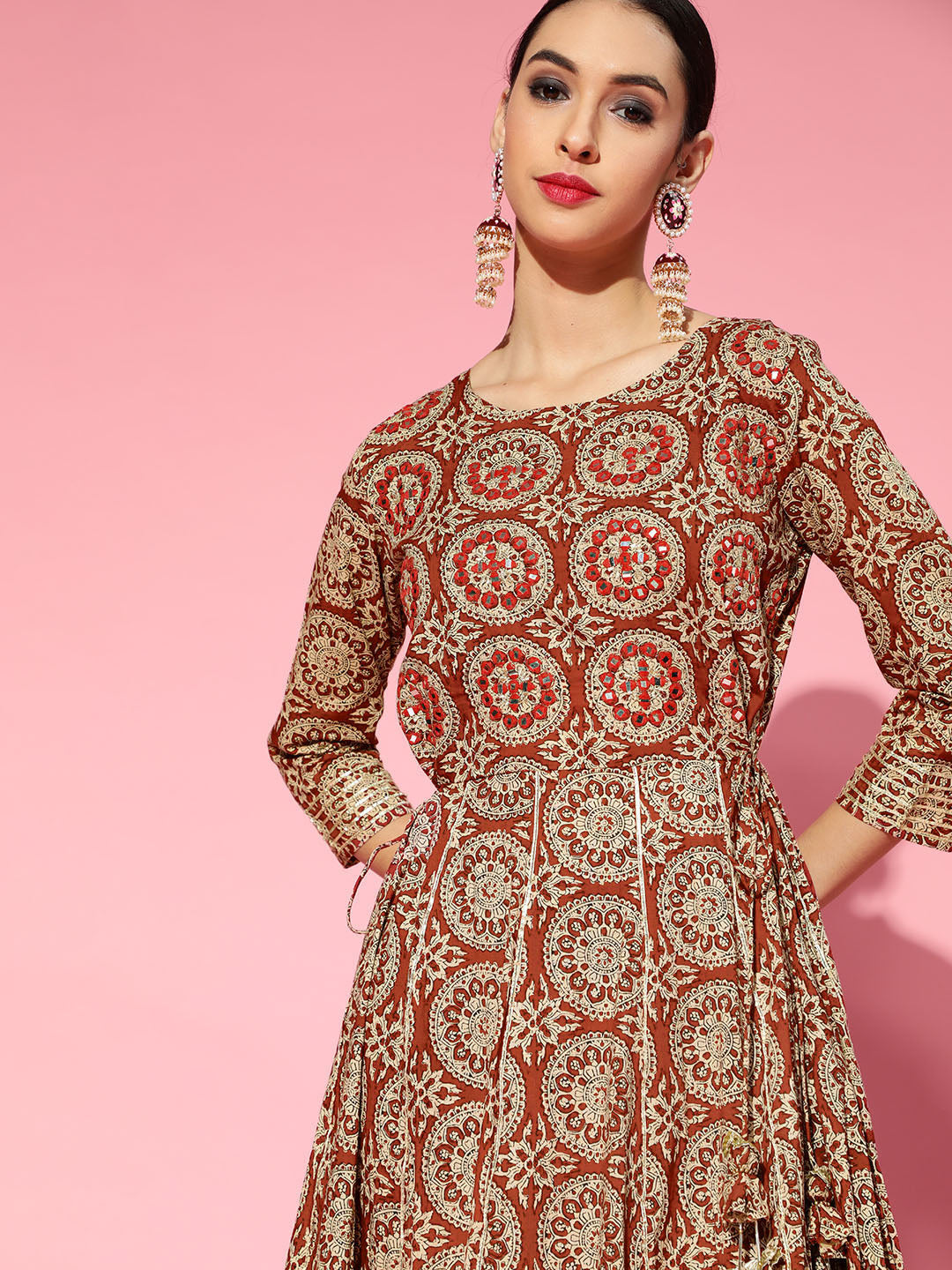 Ishin Women's Cotton Blend Brown Mirror Embroidered Anarkali Kurta