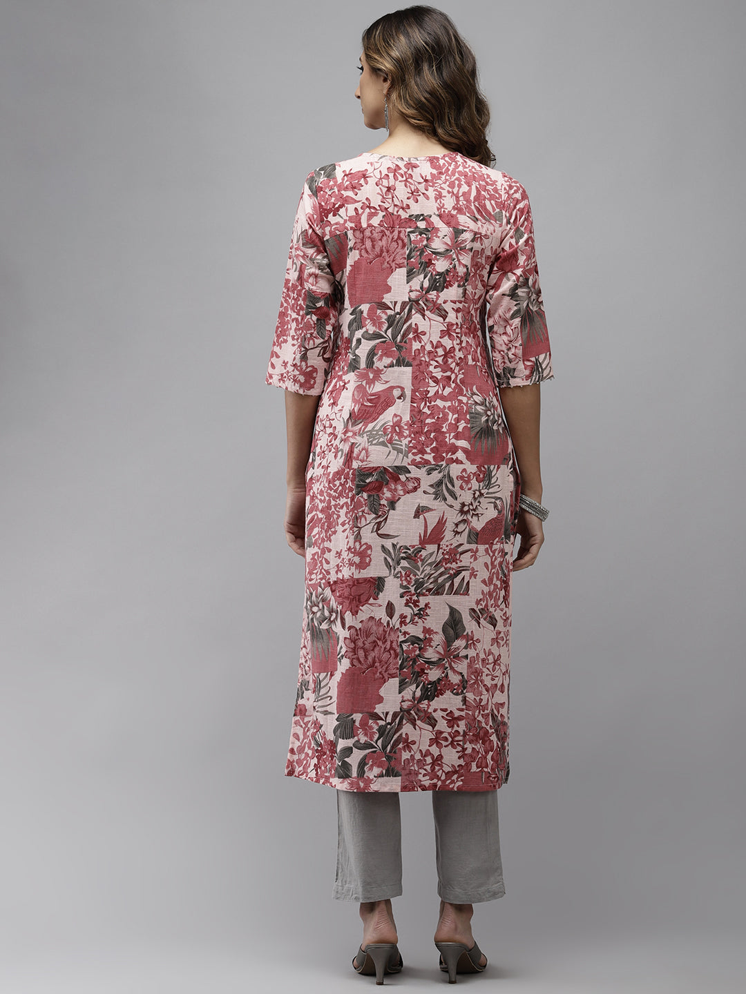 Ishin Women's Pure Cotton Pink Embroidered A-Line Kurta