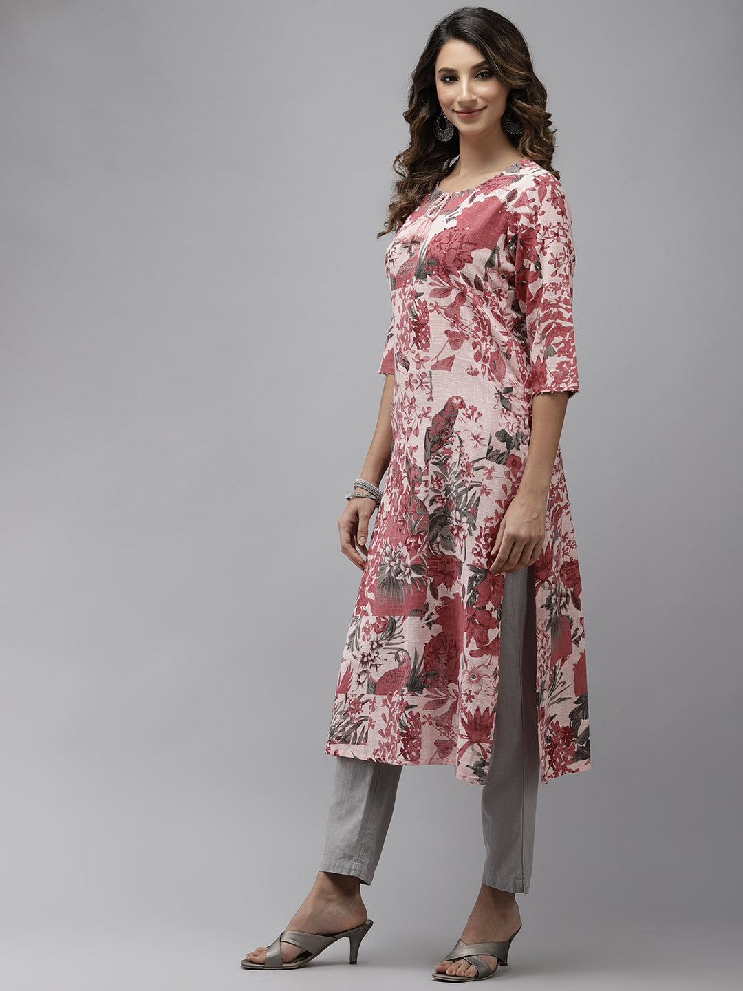 Ishin Women's Pure Cotton Pink Embroidered A-Line Kurta