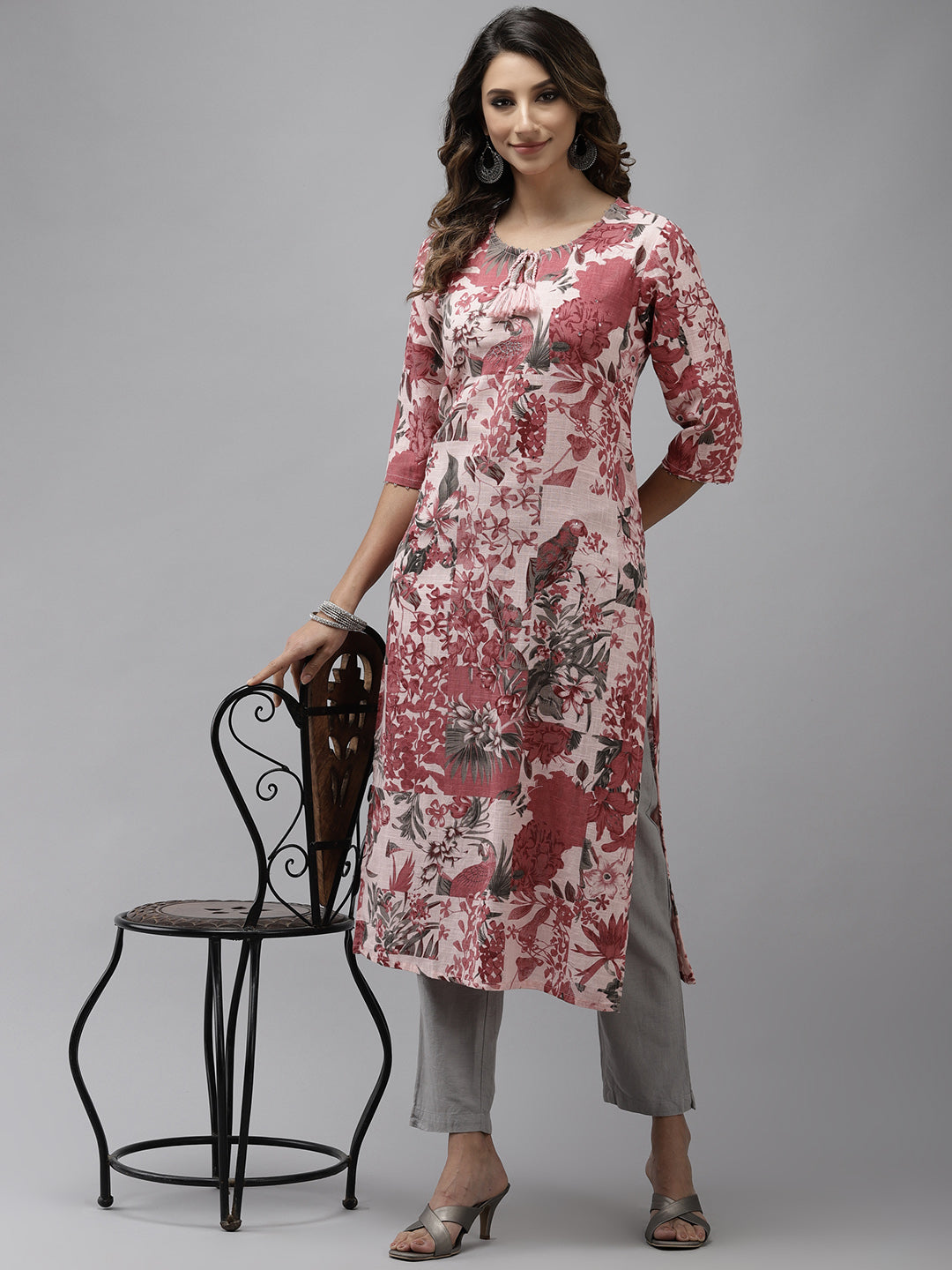 Ishin Women's Pure Cotton Pink Embroidered A-Line Kurta