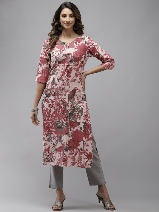 Ishin Women's Pure Cotton Pink Embroidered A-Line Kurta