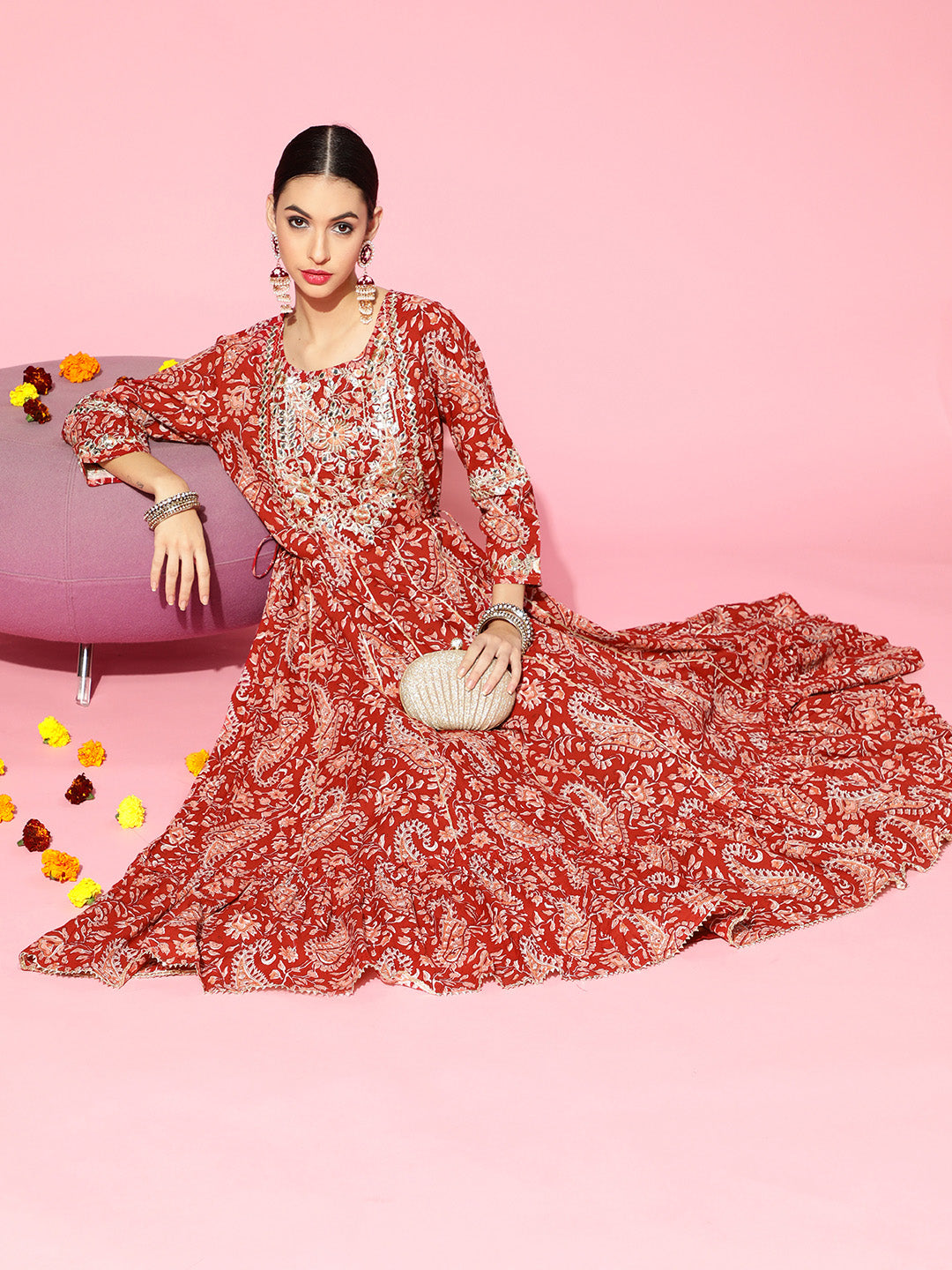 Ishin Women's Cotton Blend Red Zari Embroidered Anarkali Kurta