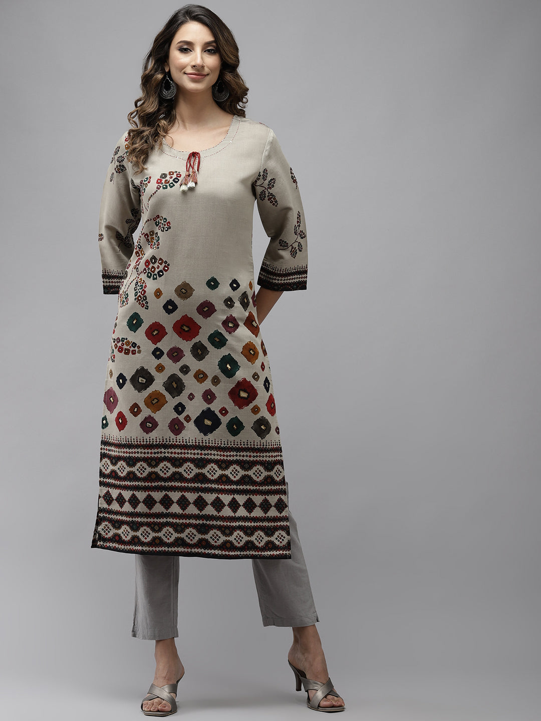 Ishin Women's Silk Blend Grey Embroidered A-Line Kurta