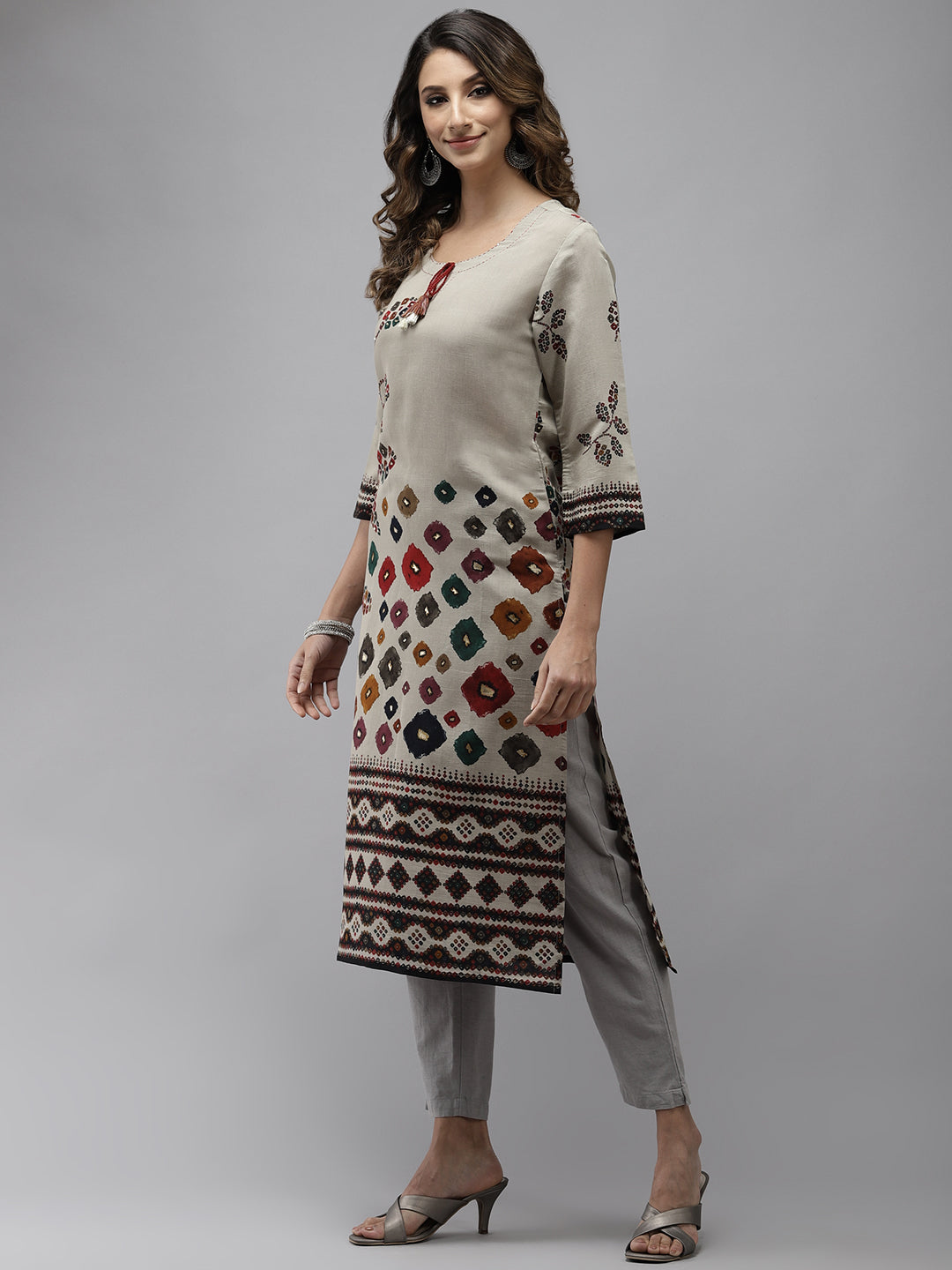 Ishin Women's Silk Blend Grey Embroidered A-Line Kurta