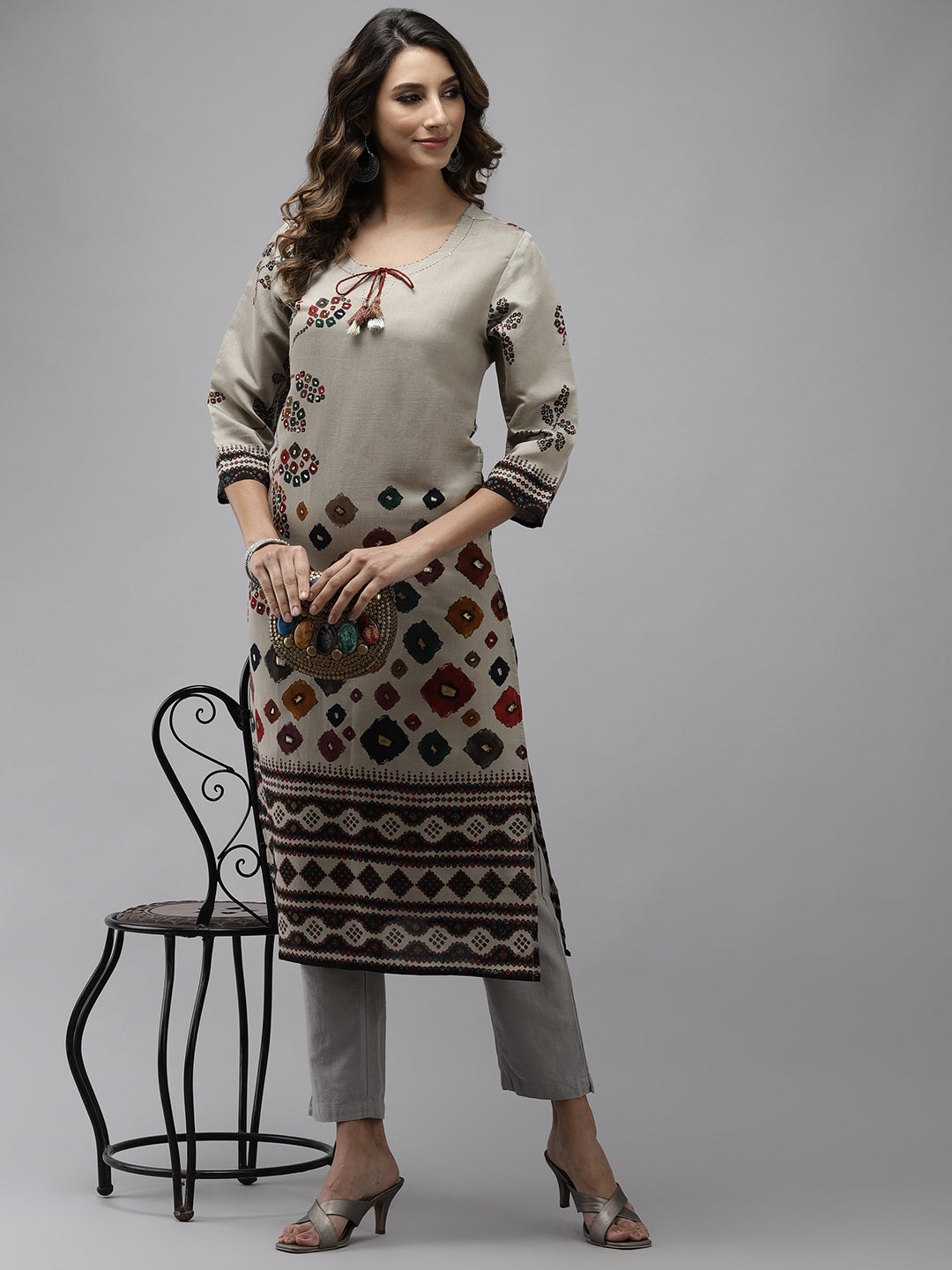 Ishin Women's Silk Blend Grey Embroidered A-Line Kurta