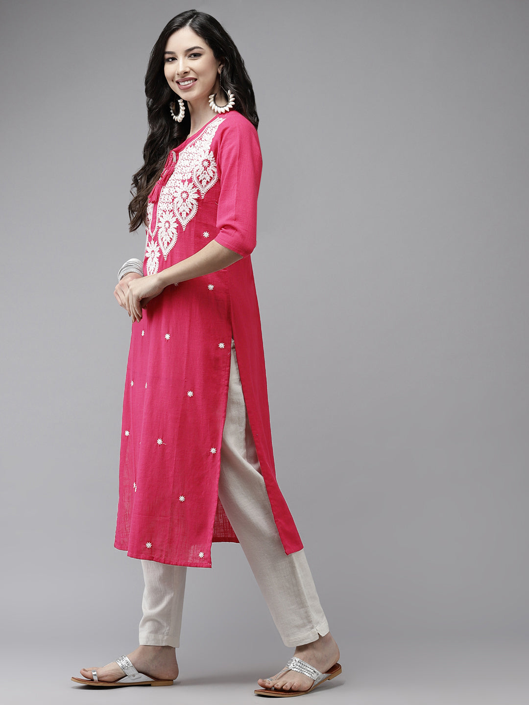 Ishin Women's Cotton Pink Embroidered A-Line Kurta