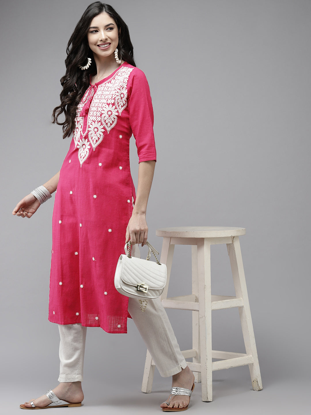 Ishin Women's Cotton Pink Embroidered A-Line Kurta