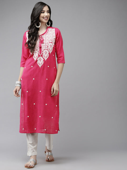 Ishin Women's Cotton Pink Embroidered A-Line Kurta