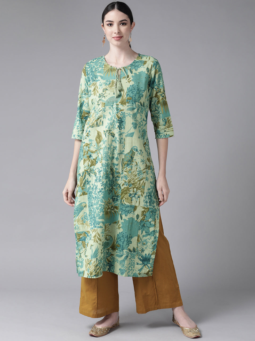 Ishin Women's Green Embroidered Kurta & Trouser Set - A-Line Design | Medium Size