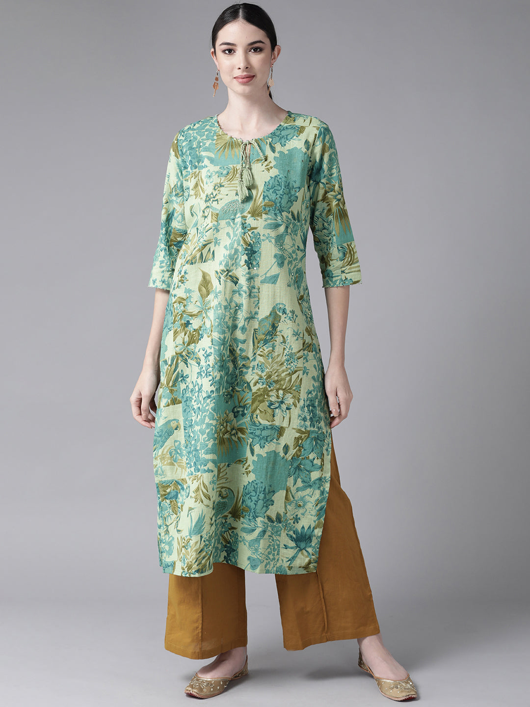 Ishin Women's Pure Cotton Green Embroidered A-Line Kurta