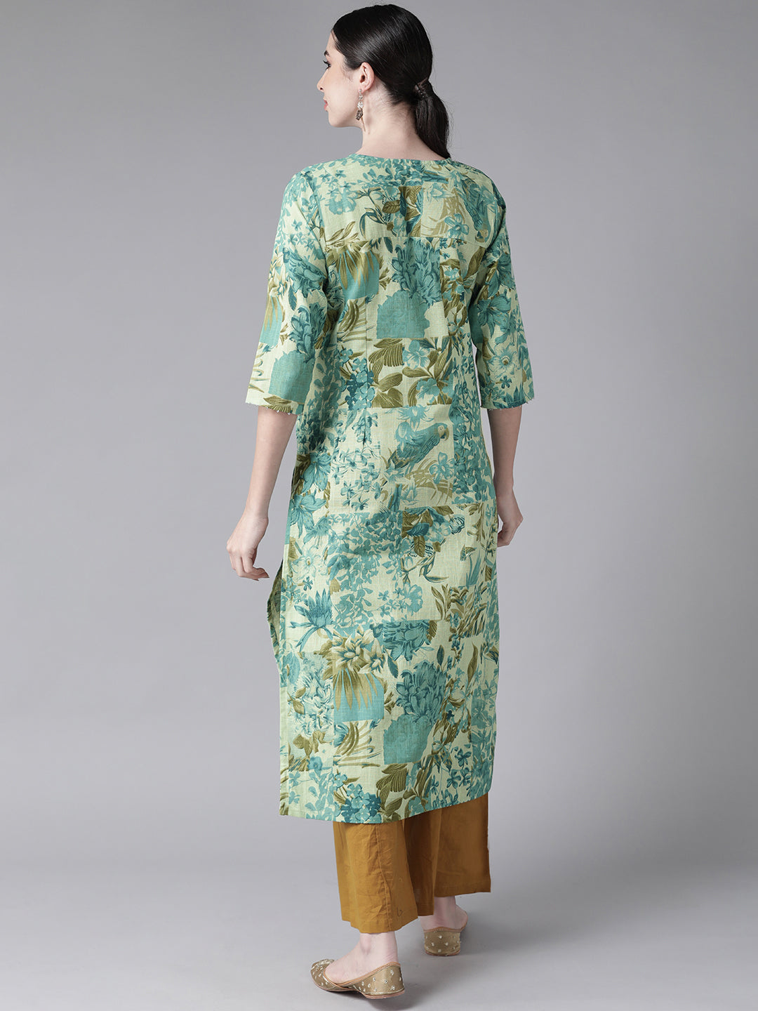 Ishin Women's Pure Cotton Green Embroidered A-Line Kurta