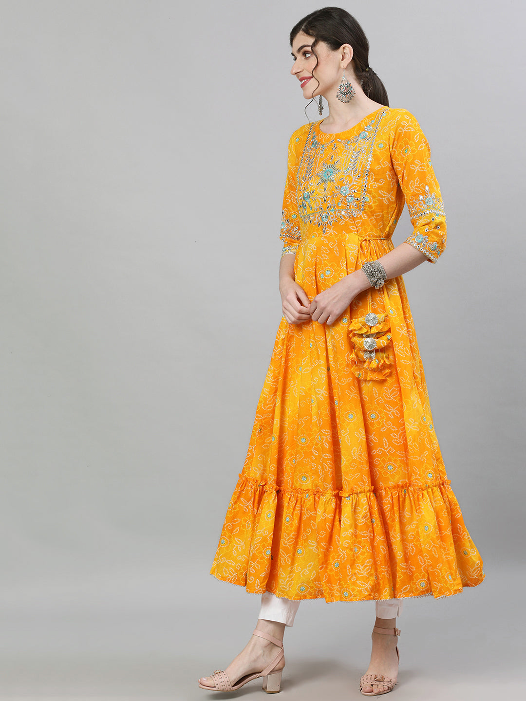 Ishin Women's Rayon Yellow Bandhani Embellished Anarkali Kurta