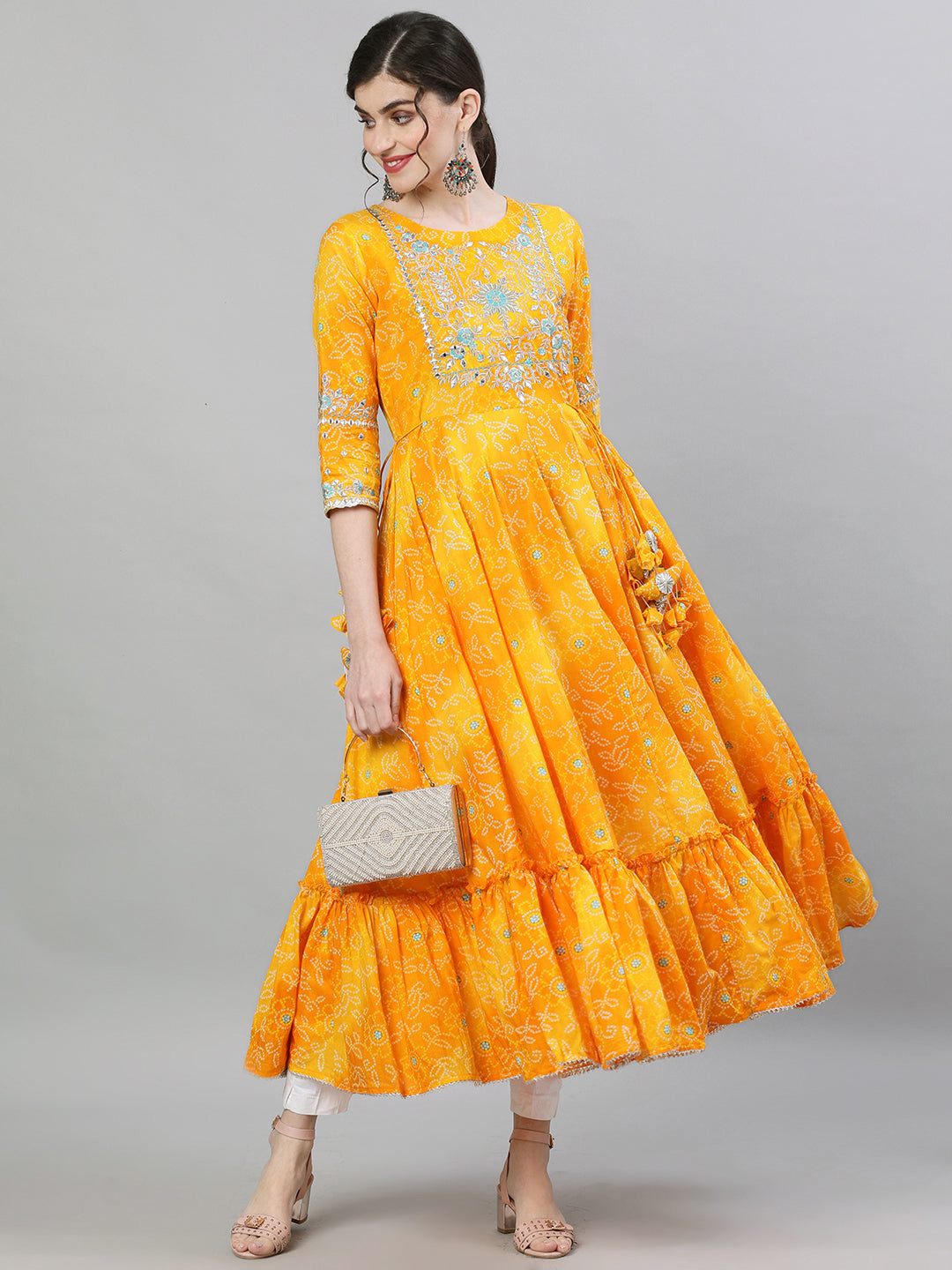 Ishin Women's Rayon Yellow Bandhani Embellished Anarkali Kurta