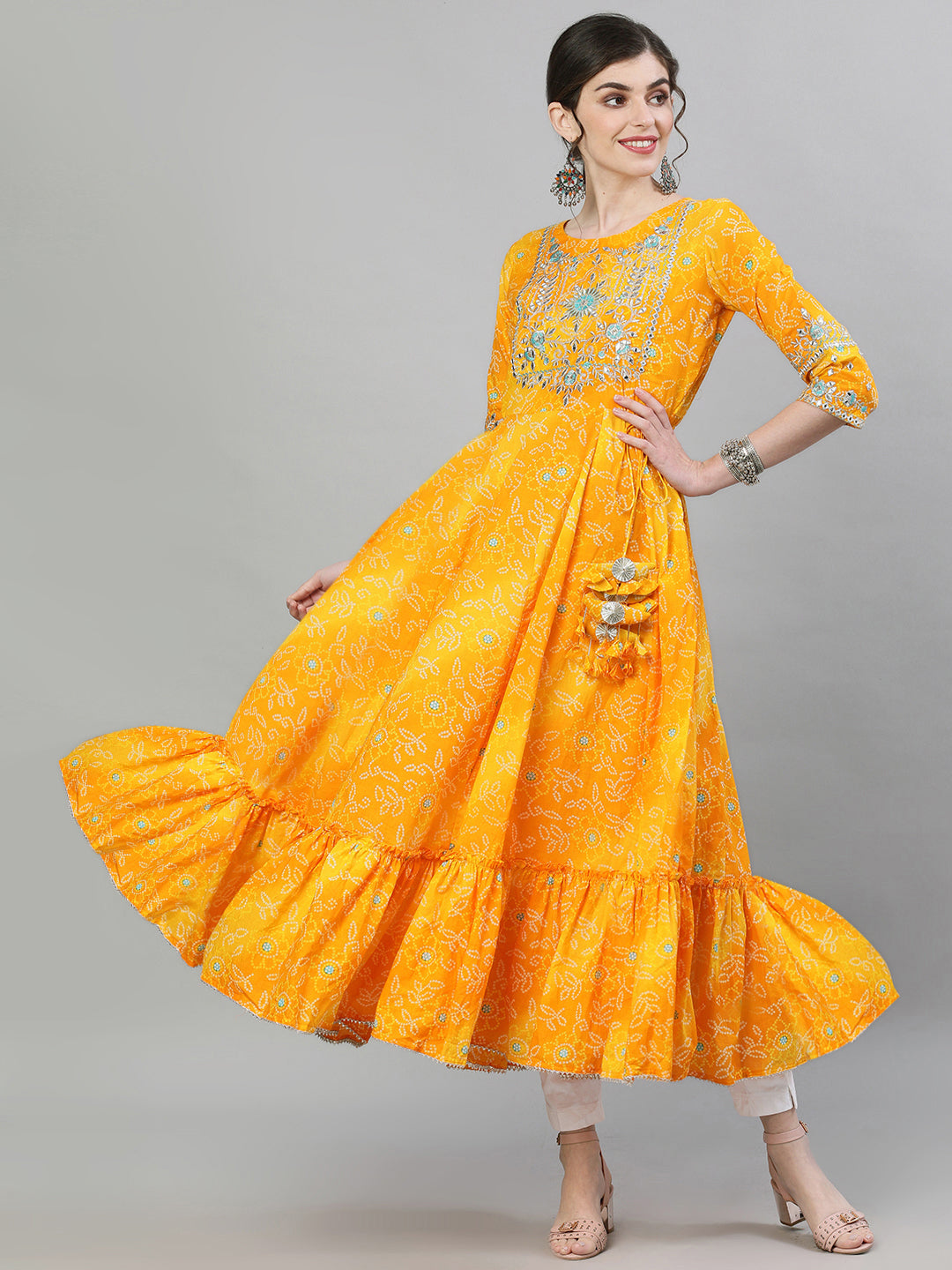 Ishin Women's Rayon Yellow Bandhani Embellished Anarkali Kurta