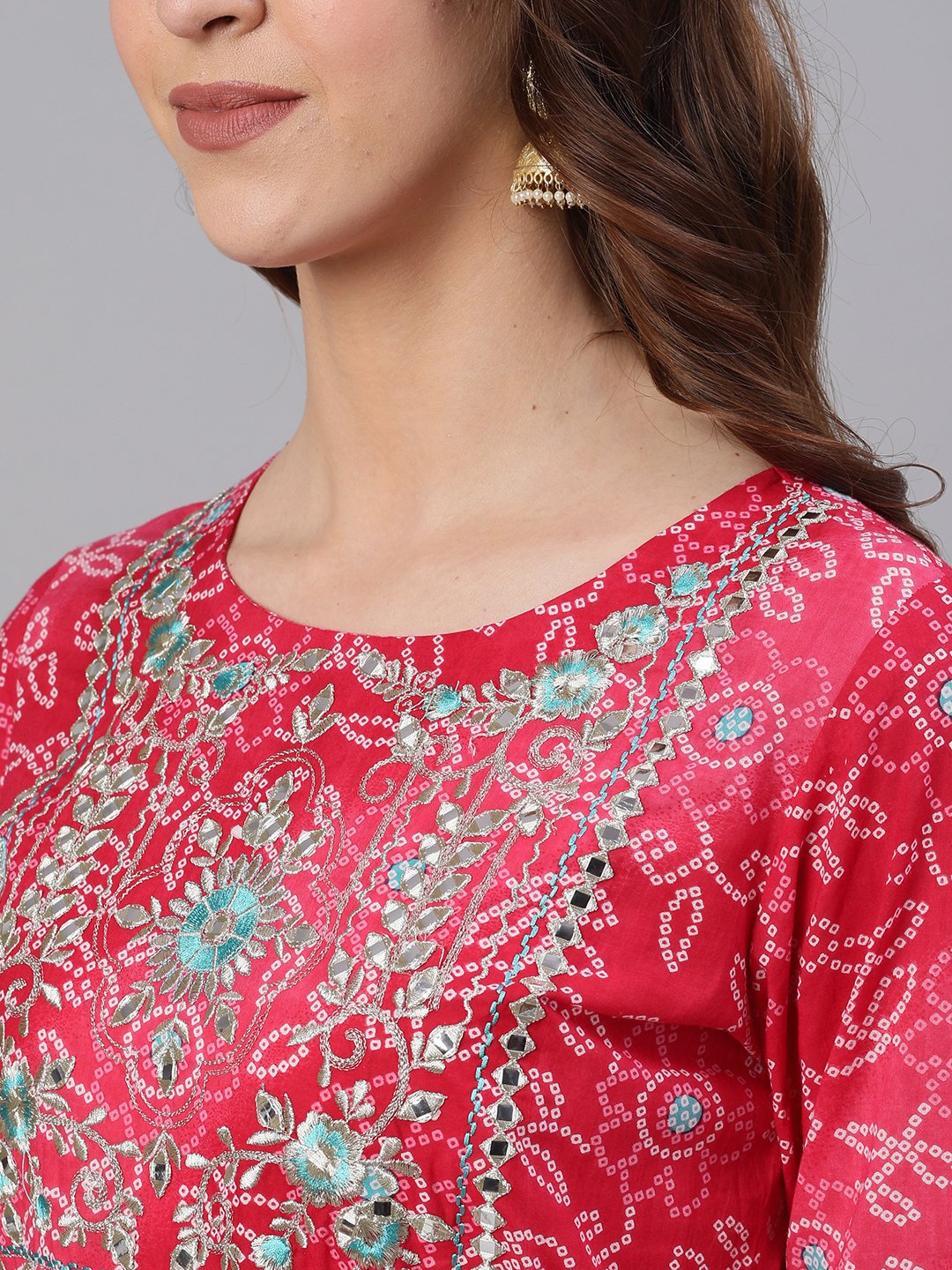 Ishin Women's Cotton Pink Bandhani Embroidered Anarkali Kurta