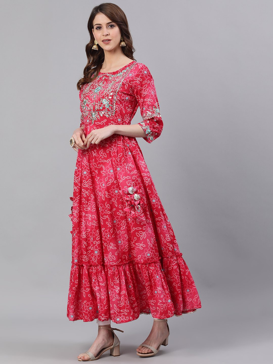 Ishin Women's Cotton Pink Bandhani Embroidered Anarkali Kurta
