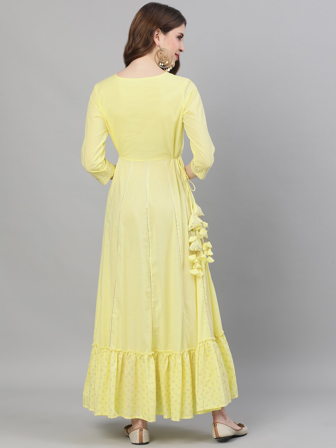 Ishin Women's Cotton Yellow Gota Patti Embroidered Anarkali Dress