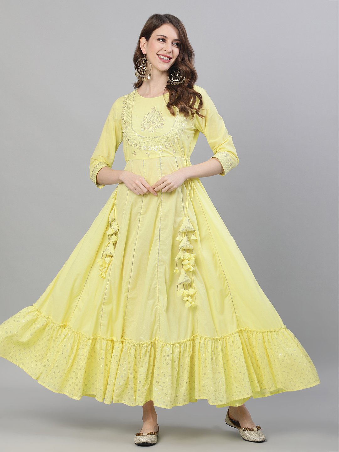 Ishin Women's Cotton Yellow Gota Patti Embroidered Anarkali Dress