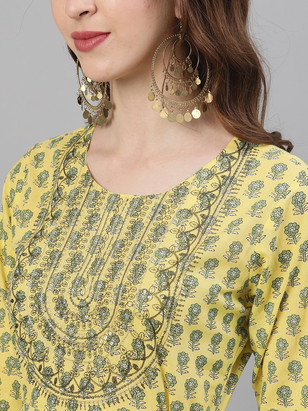 Ishin Women's Cotton Yellow Sequinned Embroidered Anarkali Kurta