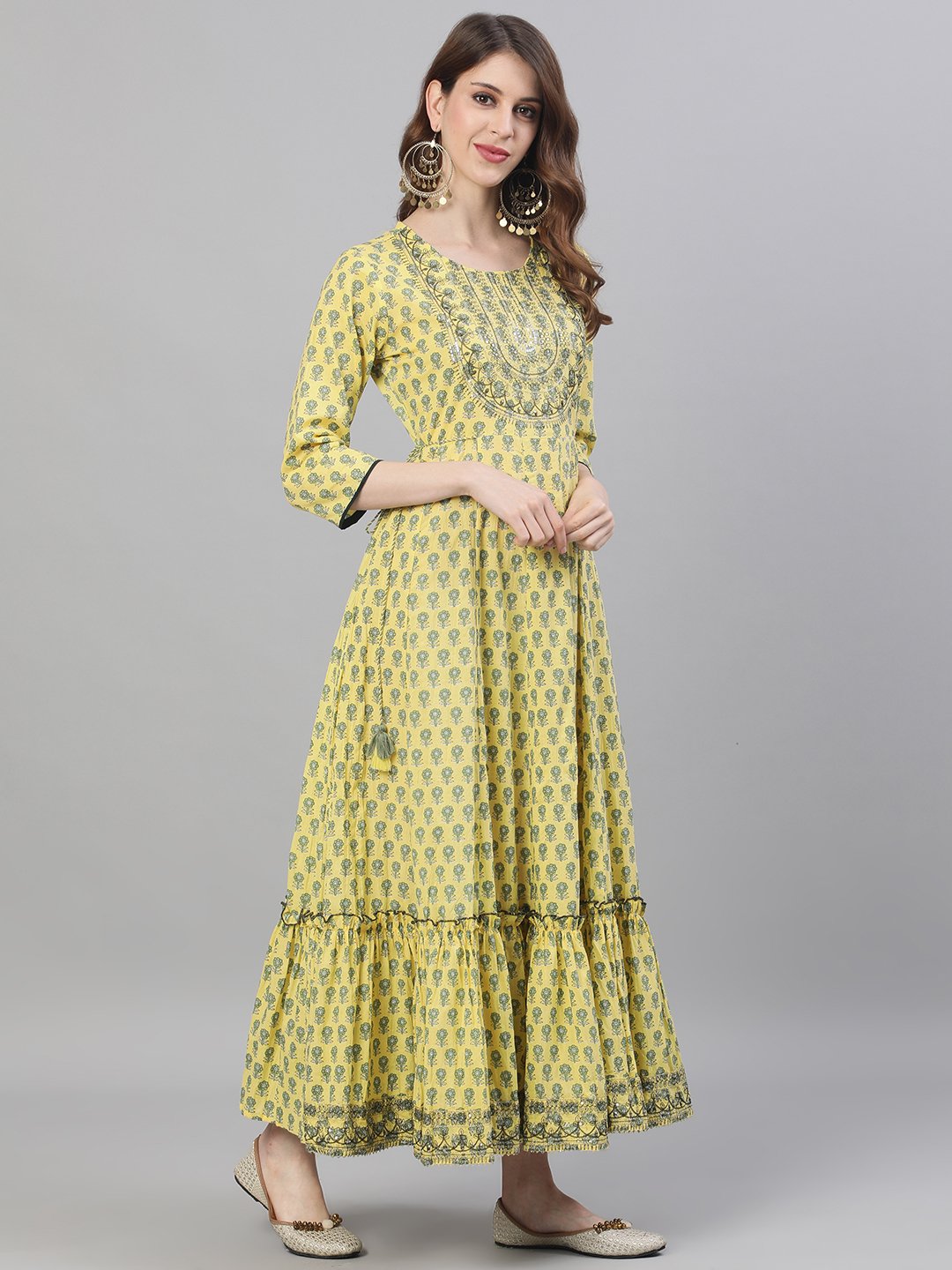 Ishin Women's Cotton Yellow Sequinned Embroidered Anarkali Kurta