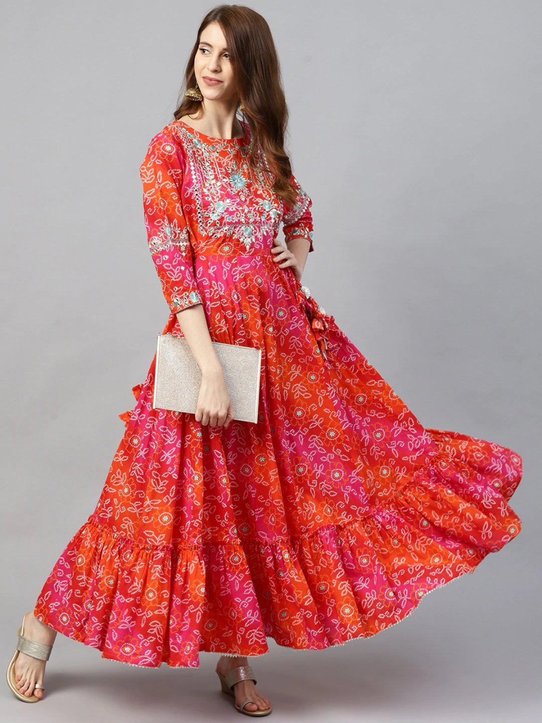 Ishin Women's Rayon Red Bandhani Print Embellished Anarkali Kurta