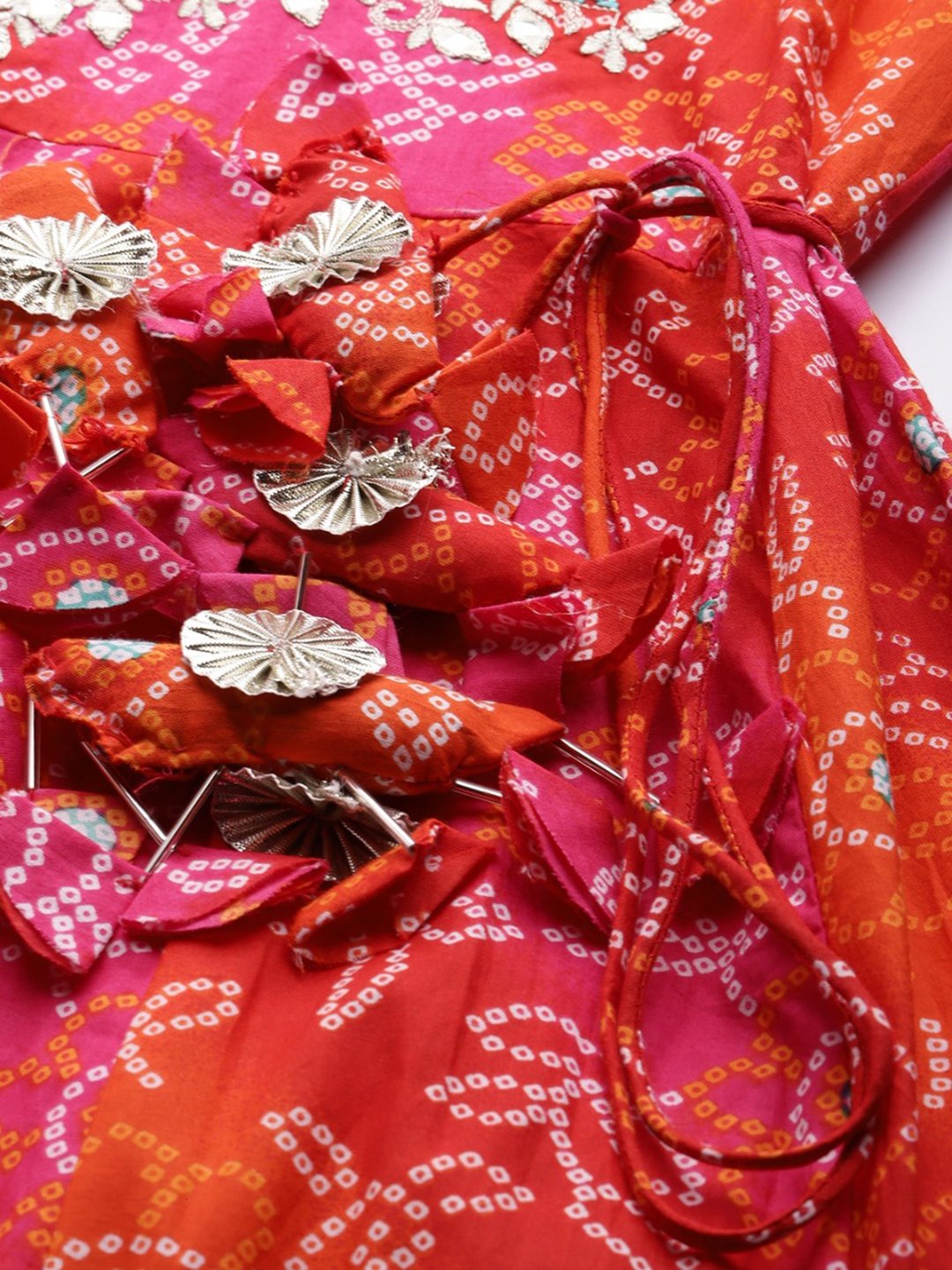 Ishin Women's Rayon Red Bandhani Print Embellished Anarkali Kurta