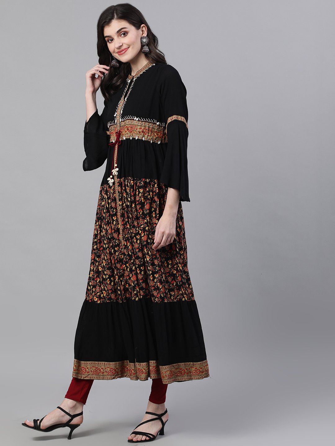 Ishin Women's Rayon Black Printed Embellished Anarkali Kurta