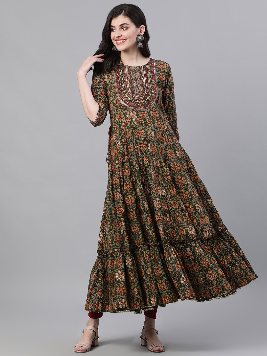 Ishin Women's Rayon Green Yoke Design Foil Print Embellished Anarkali Tiered Kurta