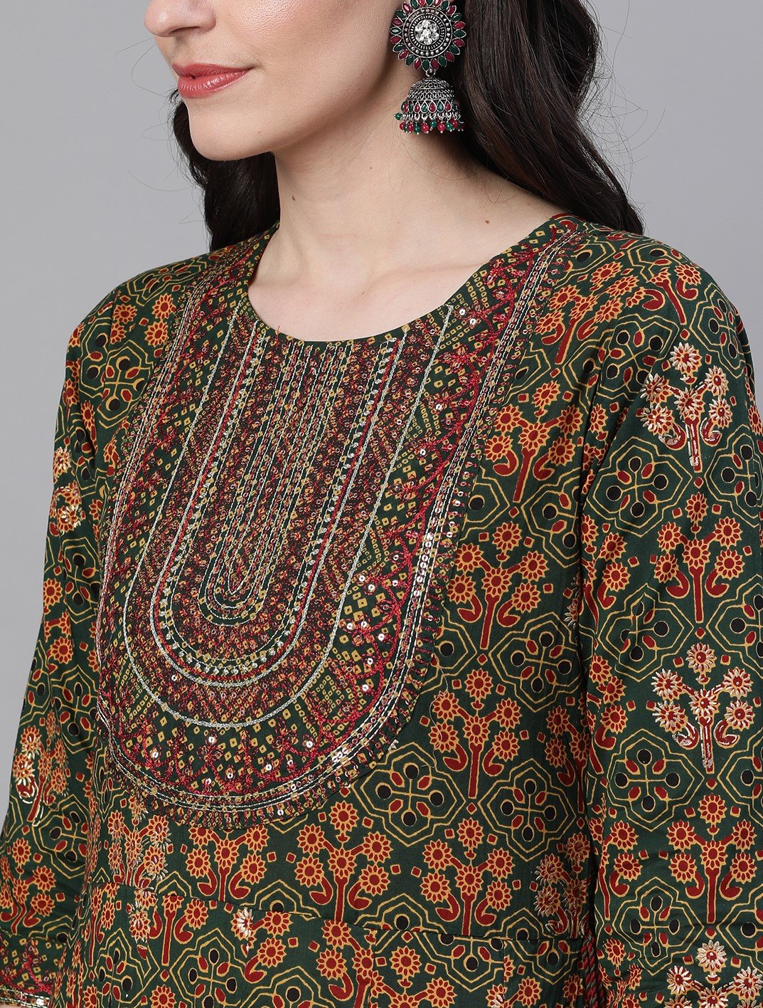 Ishin Women's Rayon Green Yoke Design Foil Print Embellished Anarkali Tiered Kurta