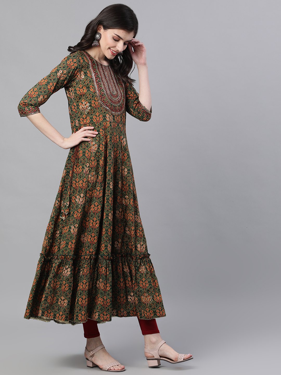 Ishin Women's Rayon Green Yoke Design Foil Print Embellished Anarkali Tiered Kurta