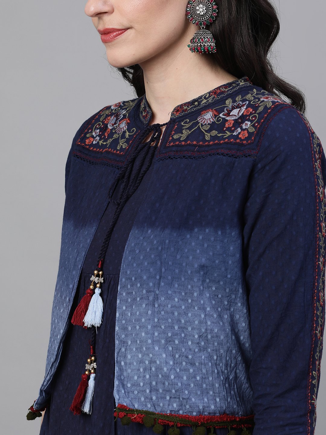 Ishin Women's Rayon Blue Embroidered Tie & Dye Anarkali Kurta With Jacket