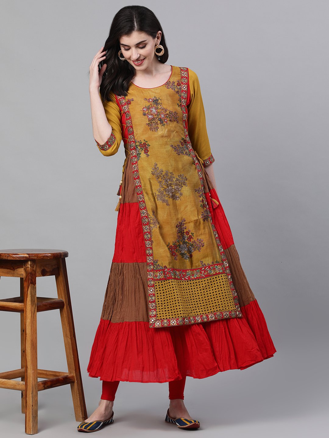 Ishin Women's Rayon Mustard & Red Schiffli Work Embellished Anarkali Layered Kurta