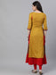 Ishin Women's Rayon Mustard & Red Schiffli Work Embellished Anarkali Layered Kurta