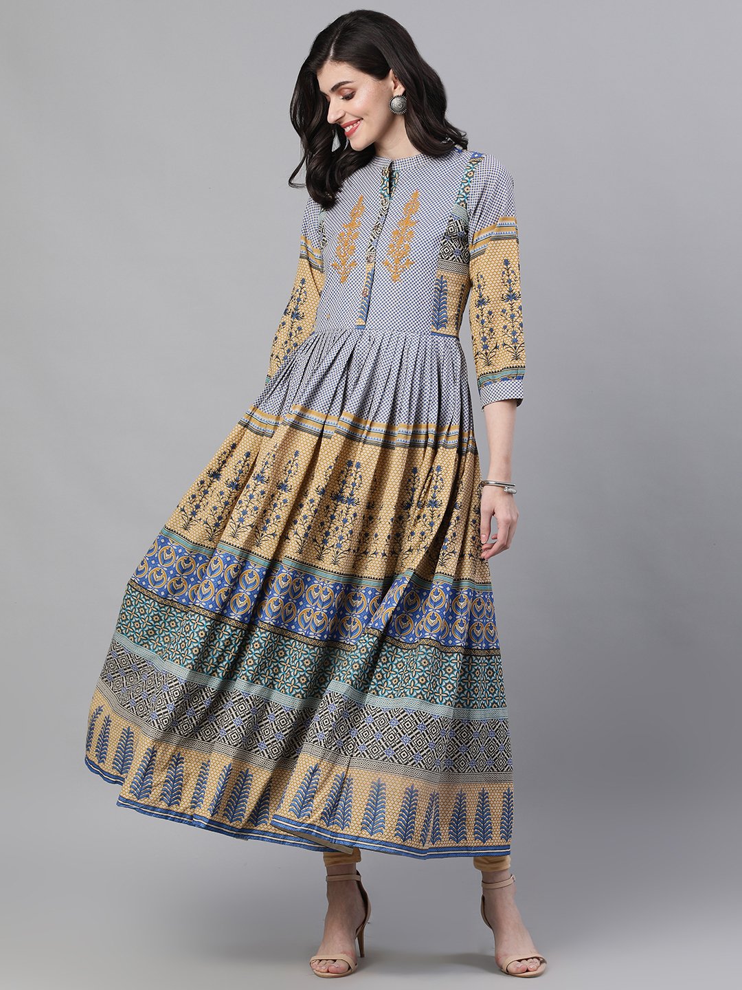 Ishin Women's Cotton Beige & Blue Printed Anarkali Kurta