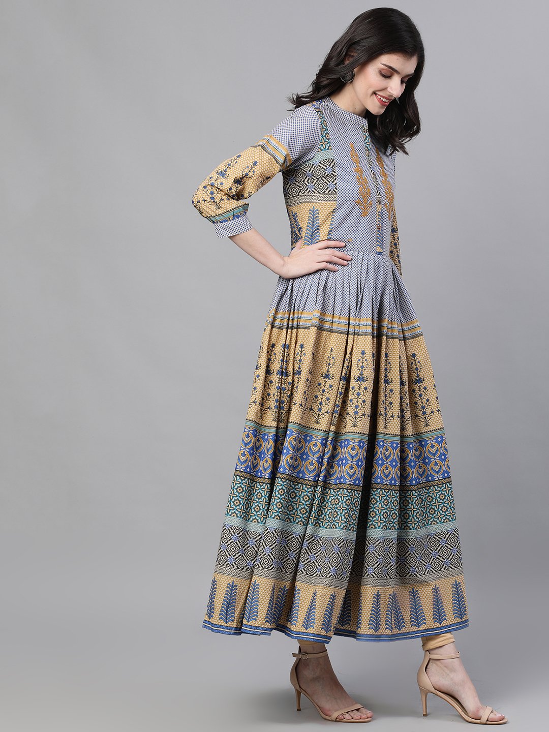Ishin Women's Cotton Beige & Blue Printed Anarkali Kurta