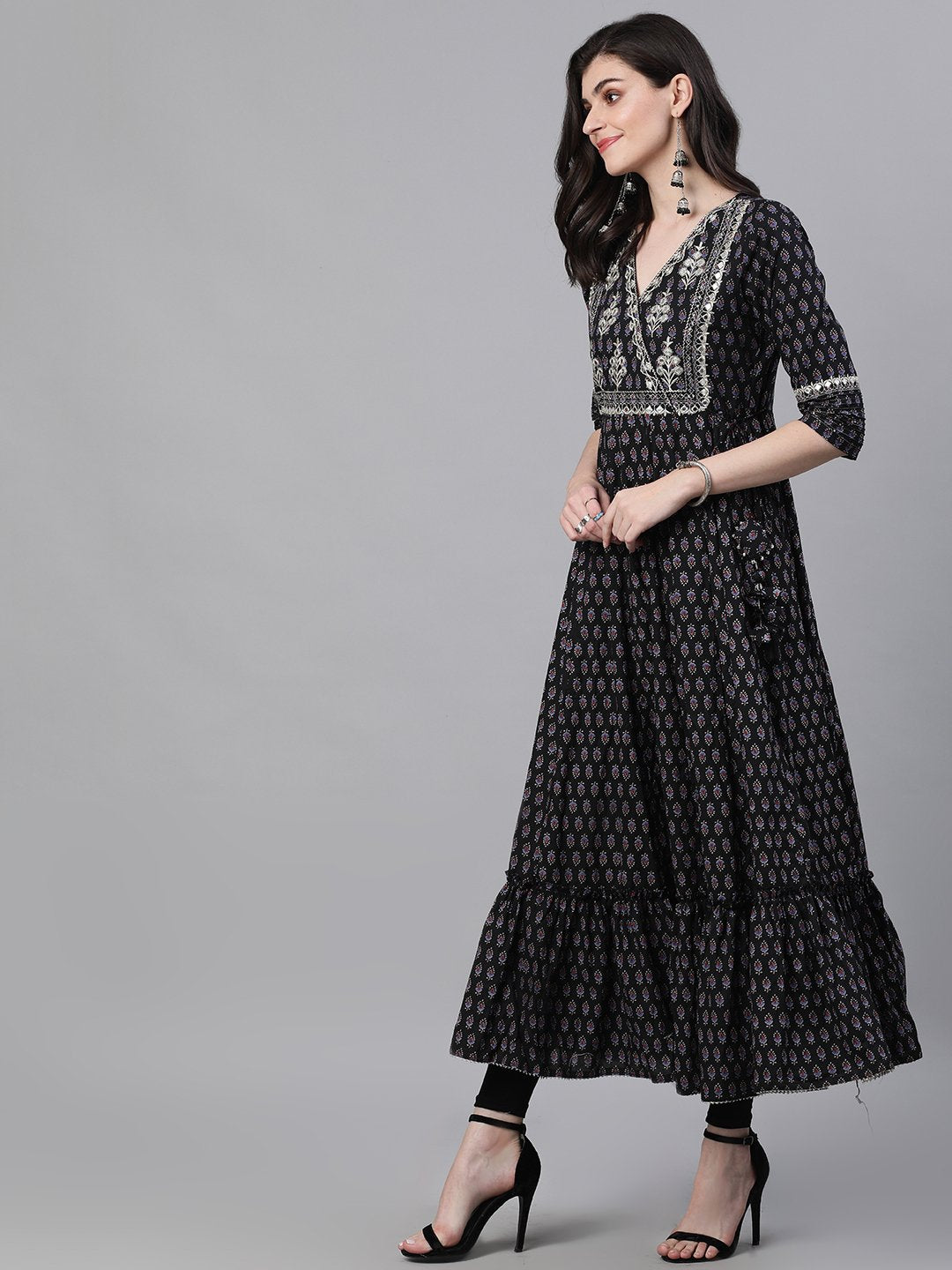 Ishin Women's Cotton Black Embellished Anarkali Kurta