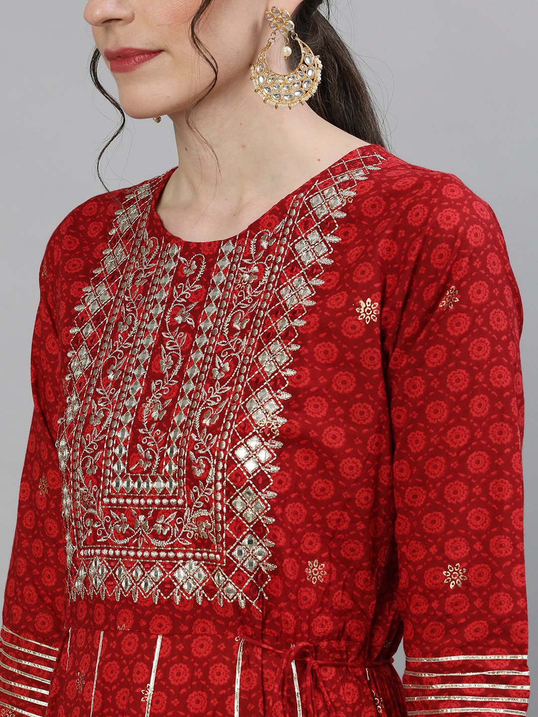 Ishin Women's Cotton Red Bandhani Yoke Embellished Anarkali Kurta