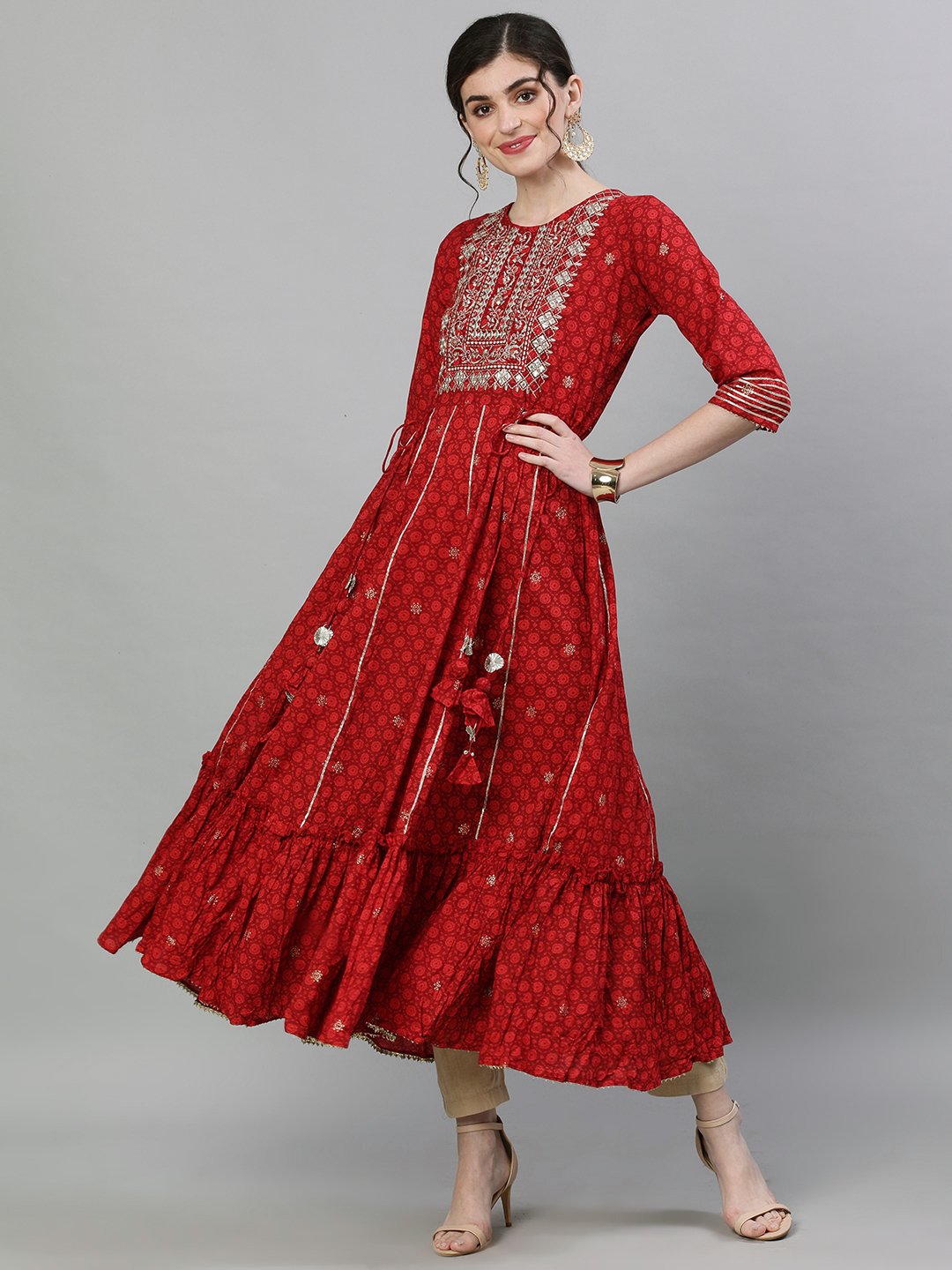 Graceful Red cotton printed with Zari embroidery with tassels Tiered dress