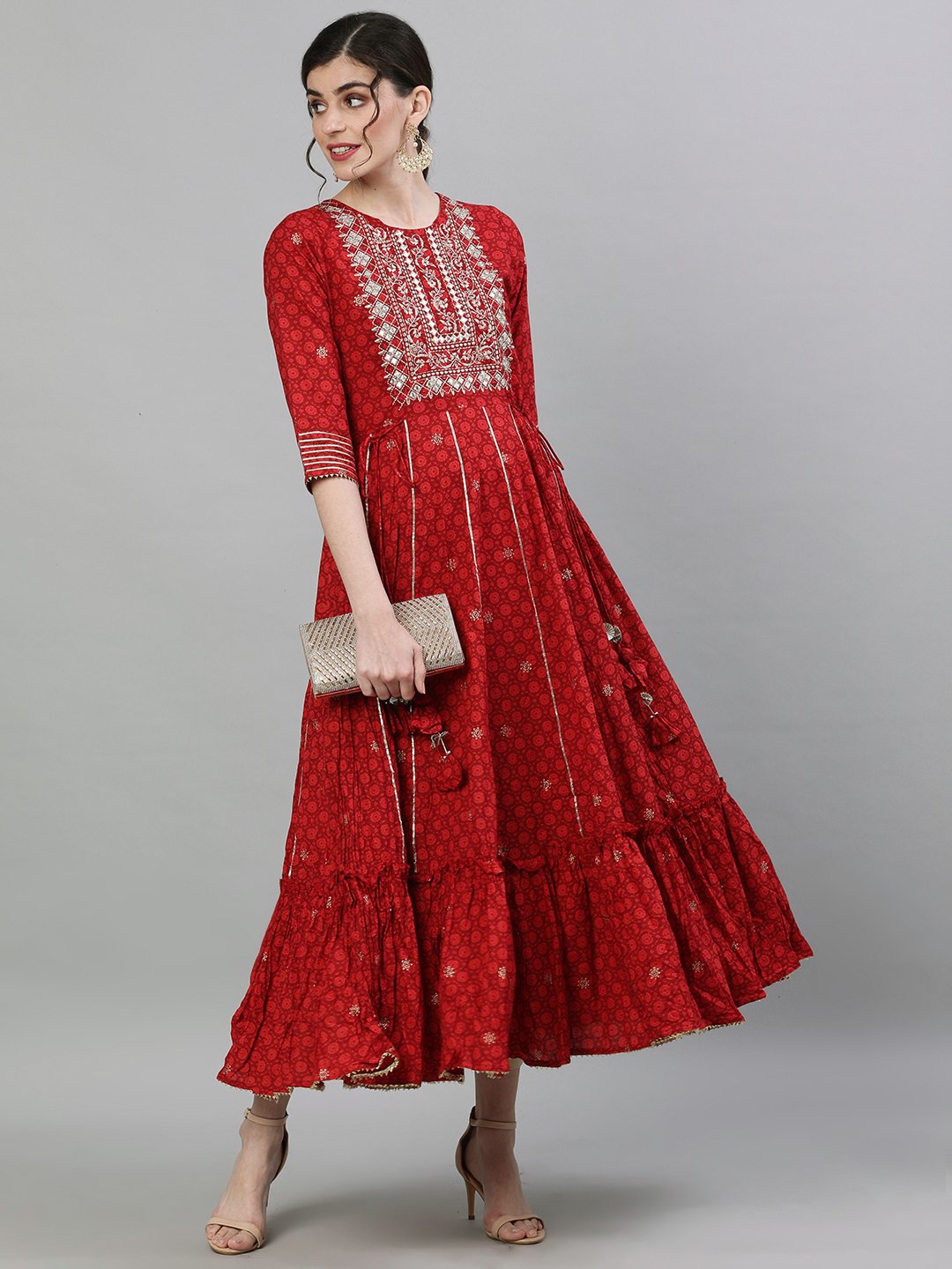 Graceful Red cotton printed with Zari embroidery with tassels Tiered dress
