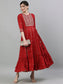 Ishin Women's Cotton Red Bandhani Yoke Embellished Anarkali Kurta