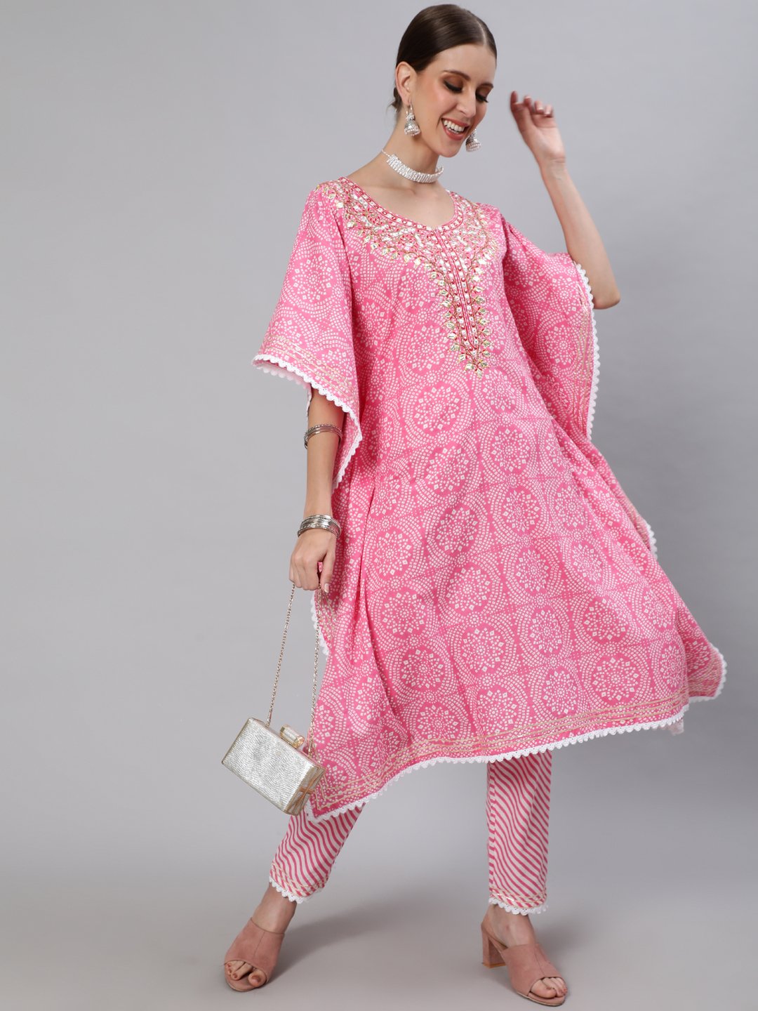 Ishin Women's Cotton Pink & White Embroidered Kaftan Kurta Trouser Set