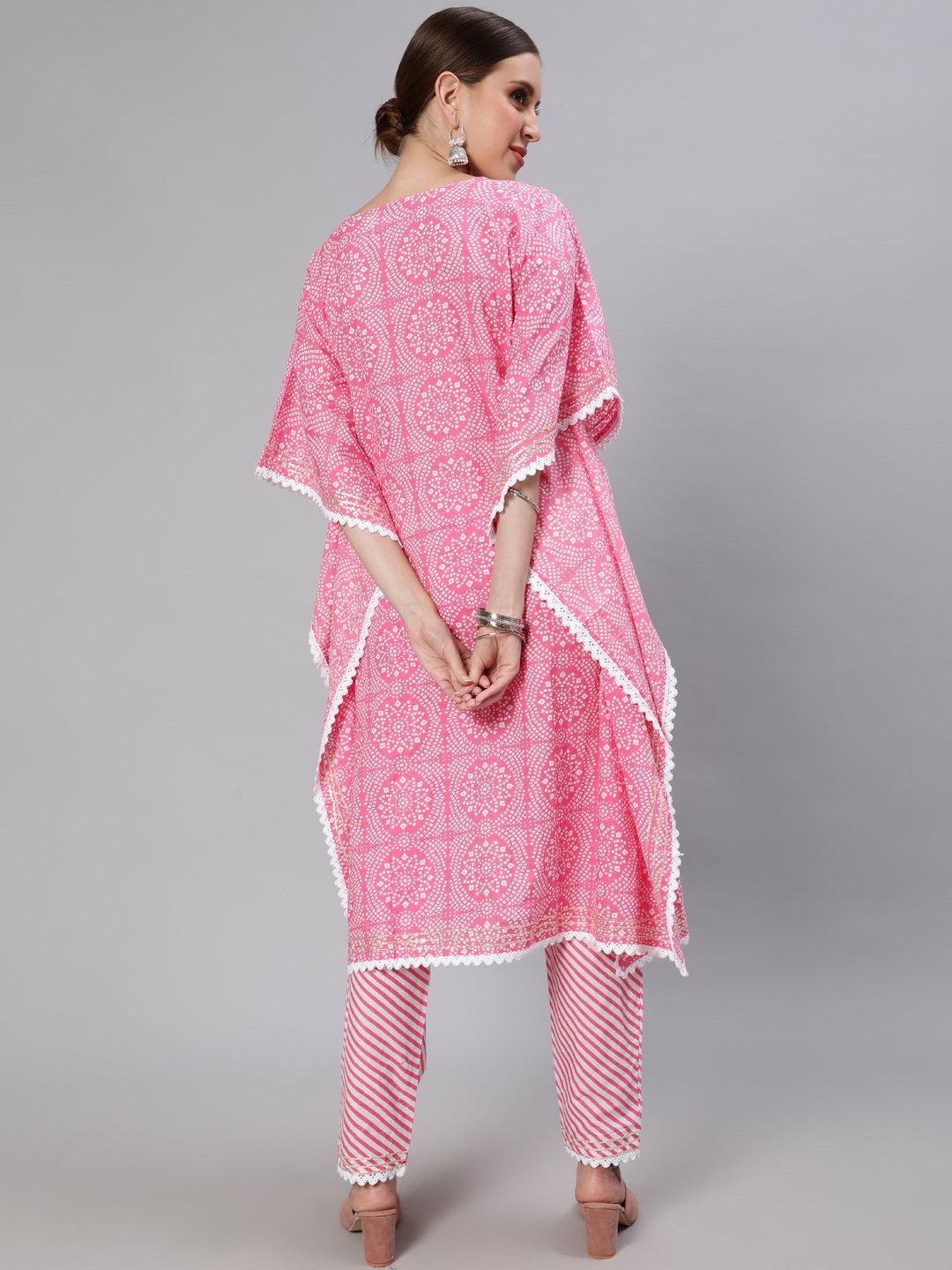 Ishin Women's Cotton Pink & White Embroidered Kaftan Kurta Trouser Set