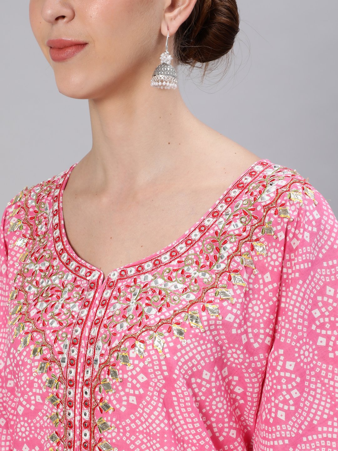 Ishin Women's Cotton Pink & White Embroidered Kaftan Kurta Trouser Set